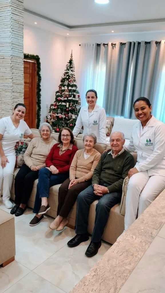 Equipe de cuidadoras com idosos na sala