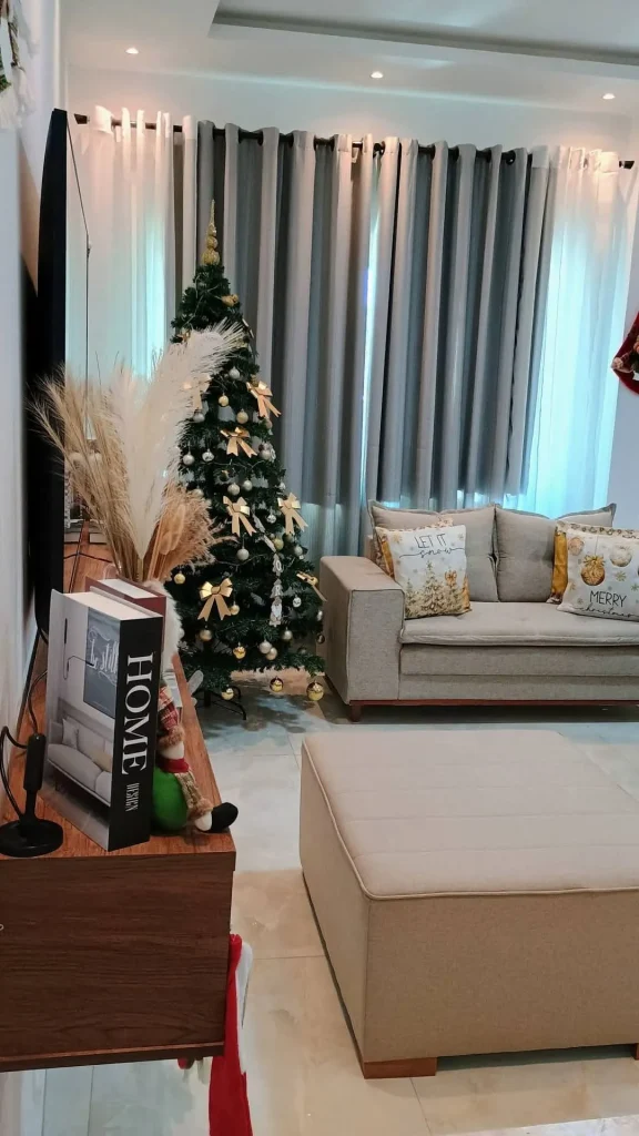 Sala de TV com sofá e árvore de Natal
